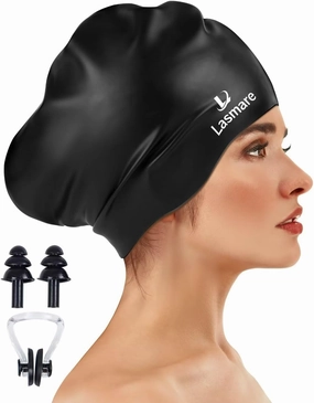 Large Long Hair Swim Cap with Extra Room for Women Men, Silicone Swimming Cap for Long Thick Hair with Ear Plugs Nose Clip Set, Adult Waterproof Swim Hats Bathing Caps to Keep Hair Dry