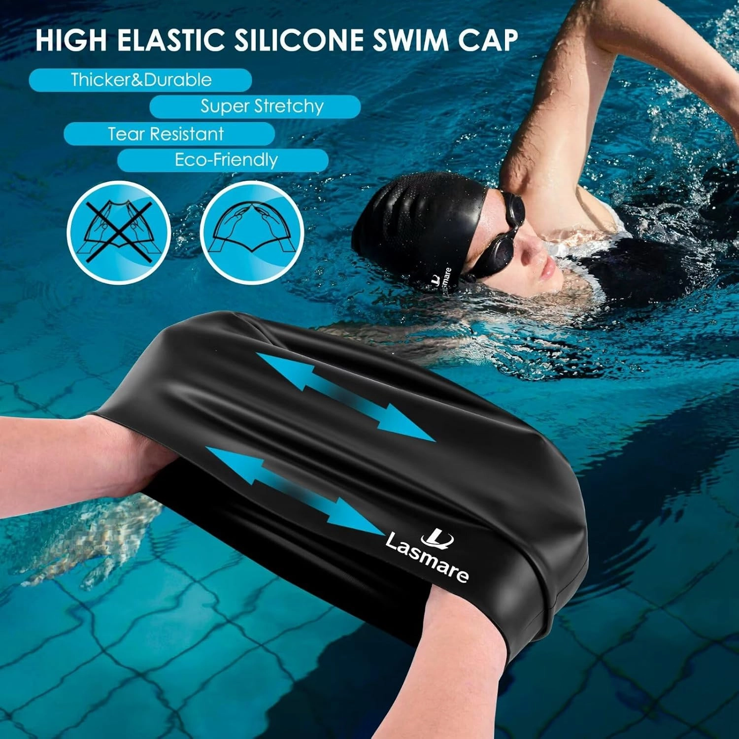 Large Long Hair Swim Cap with Extra Room for Women Men, Silicone Swimming Cap for Long Thick Hair with Ear Plugs Nose Clip Set, Adult Waterproof Swim Hats Bathing Caps to Keep Hair Dry