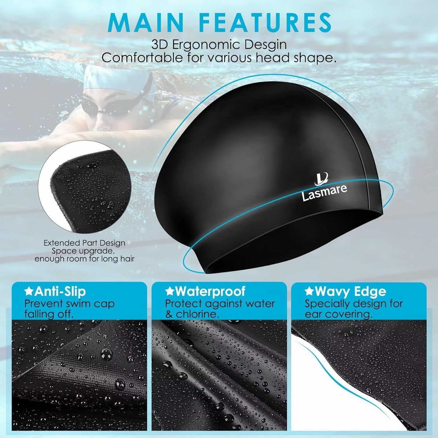 Large Long Hair Swim Cap with Extra Room for Women Men, Silicone Swimming Cap for Long Thick Hair with Ear Plugs Nose Clip Set, Adult Waterproof Swim Hats Bathing Caps to Keep Hair Dry