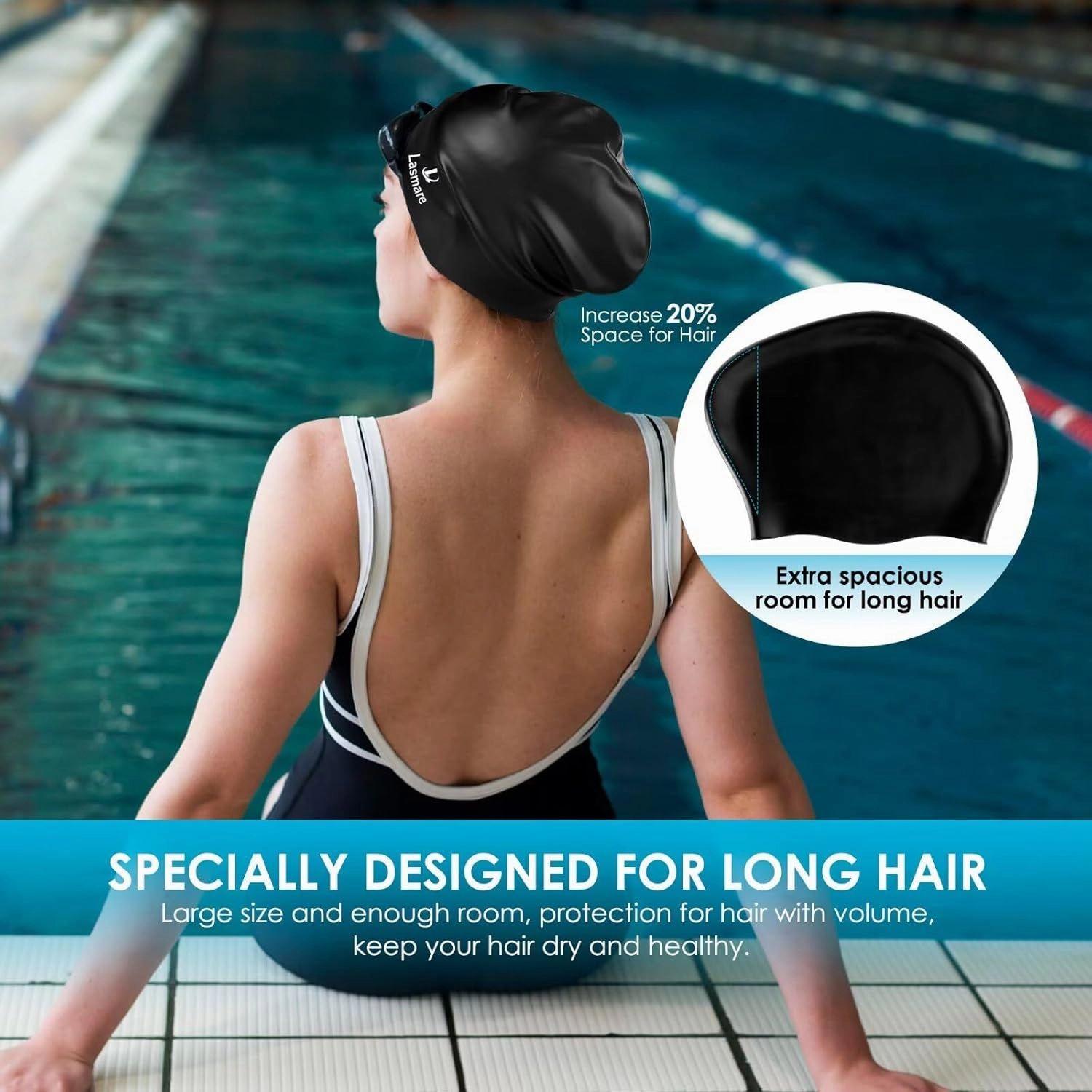 Large Long Hair Swim Cap with Extra Room for Women Men, Silicone Swimming Cap for Long Thick Hair with Ear Plugs Nose Clip Set, Adult Waterproof Swim Hats Bathing Caps to Keep Hair Dry