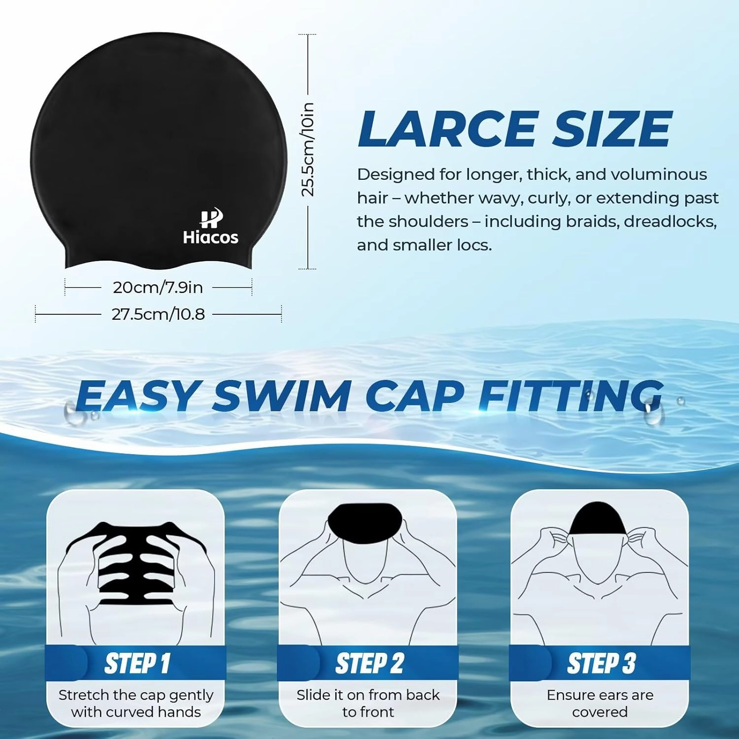 Large Swim Cap for Women Men Adults, Silicone Swimming Cap for Long Hair, Waterproof Swim Hats Bathing Caps to Keep Hair Dry