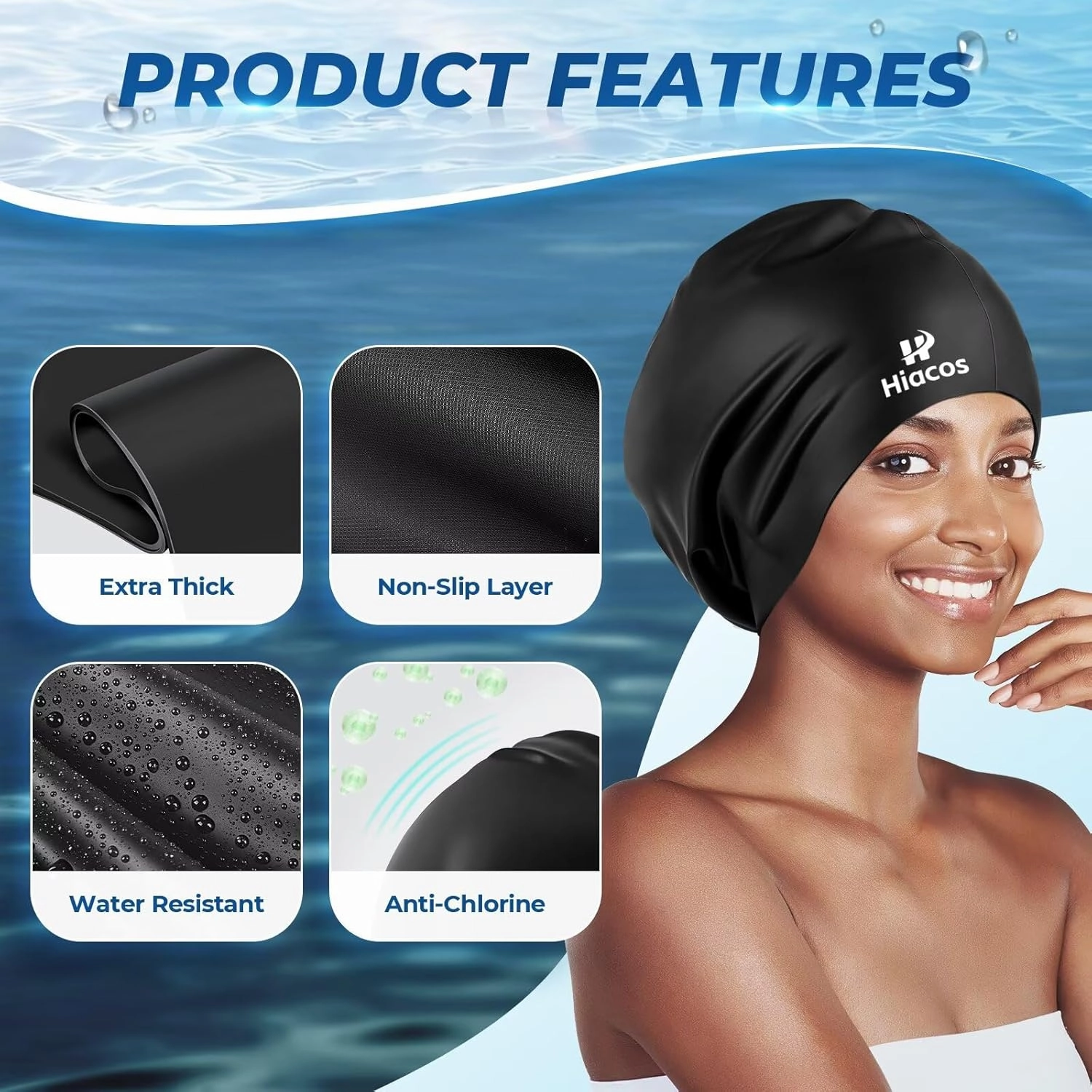 Large Swim Cap for Women Men Adults, Silicone Swimming Cap for Long Hair, Waterproof Swim Hats Bathing Caps to Keep Hair Dry