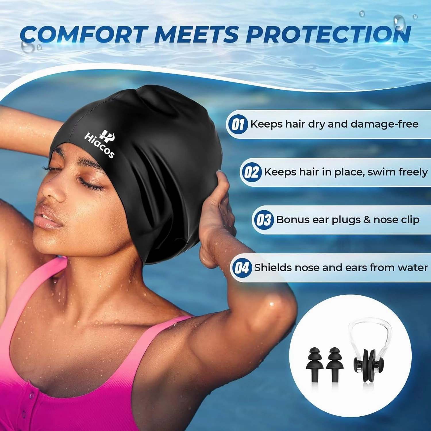 Large Swim Cap for Women Men Adults, Silicone Swimming Cap for Long Hair, Waterproof Swim Hats Bathing Caps to Keep Hair Dry