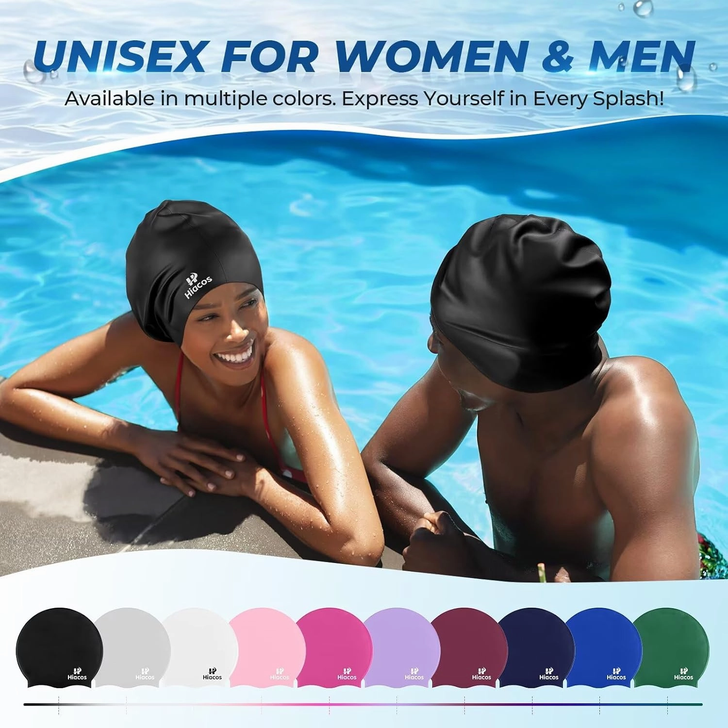 Large Swim Cap for Women Men Adults, Silicone Swimming Cap for Long Hair, Waterproof Swim Hats Bathing Caps to Keep Hair Dry
