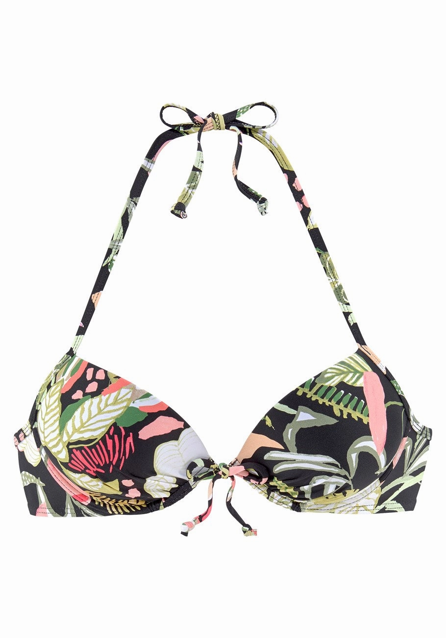 LASCANA Women's Tropical Push Up Bikini Top, Black Printed, 32A