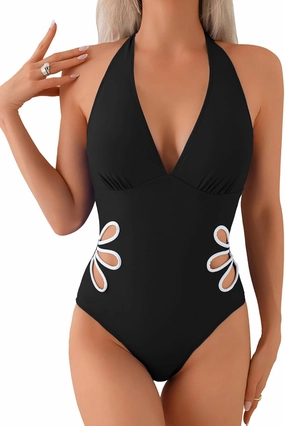Leoparts Women's V Neck One Piece Swimsuits Halter Color Block Sunflower Side Cutout Slimming Bathing Suit Swimwear