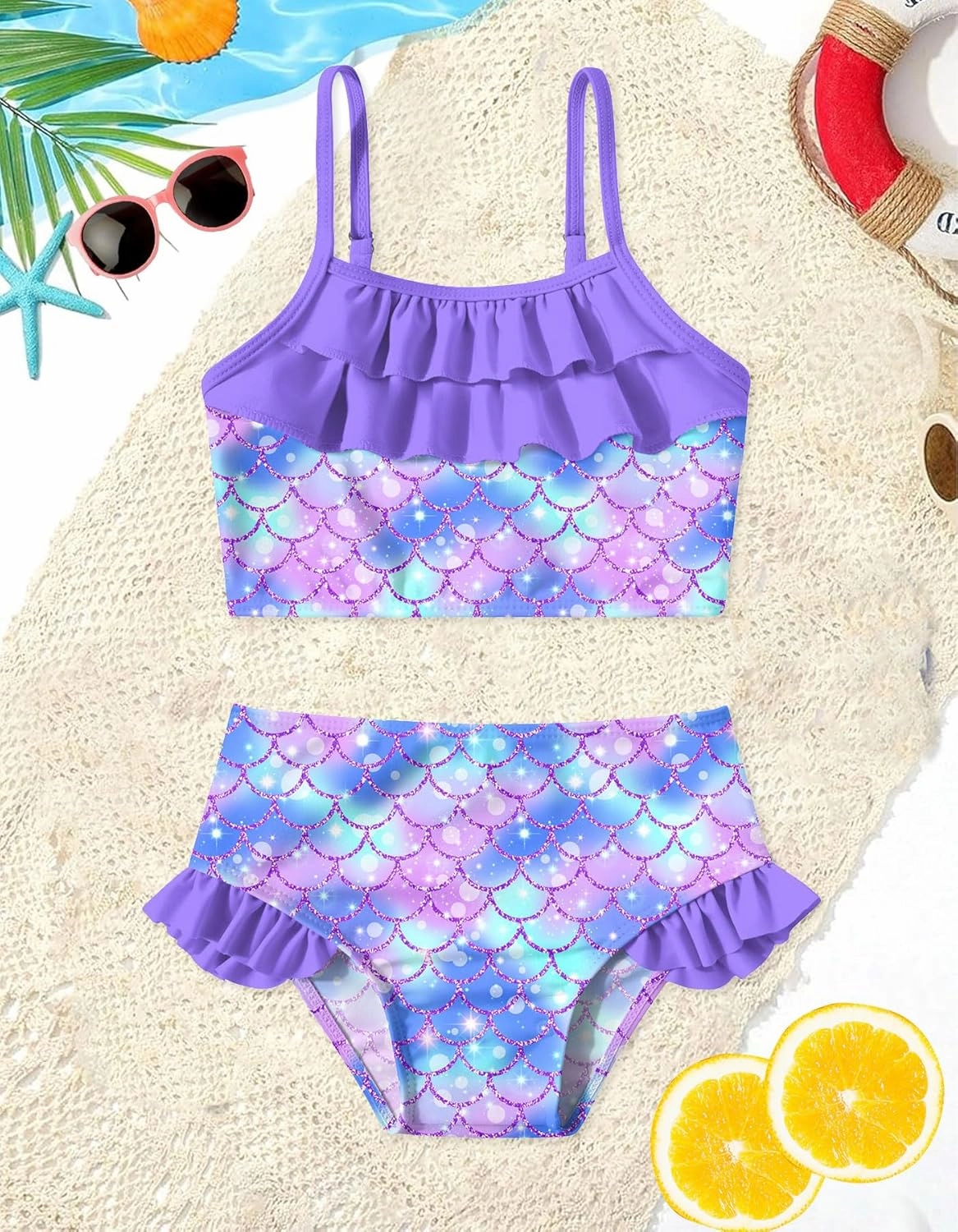 Little Girls Two Piece Mermaid Bikini Set Ruffle Adjustable Summer Beach Bathing Swimsuit 3-7 Years for Kids