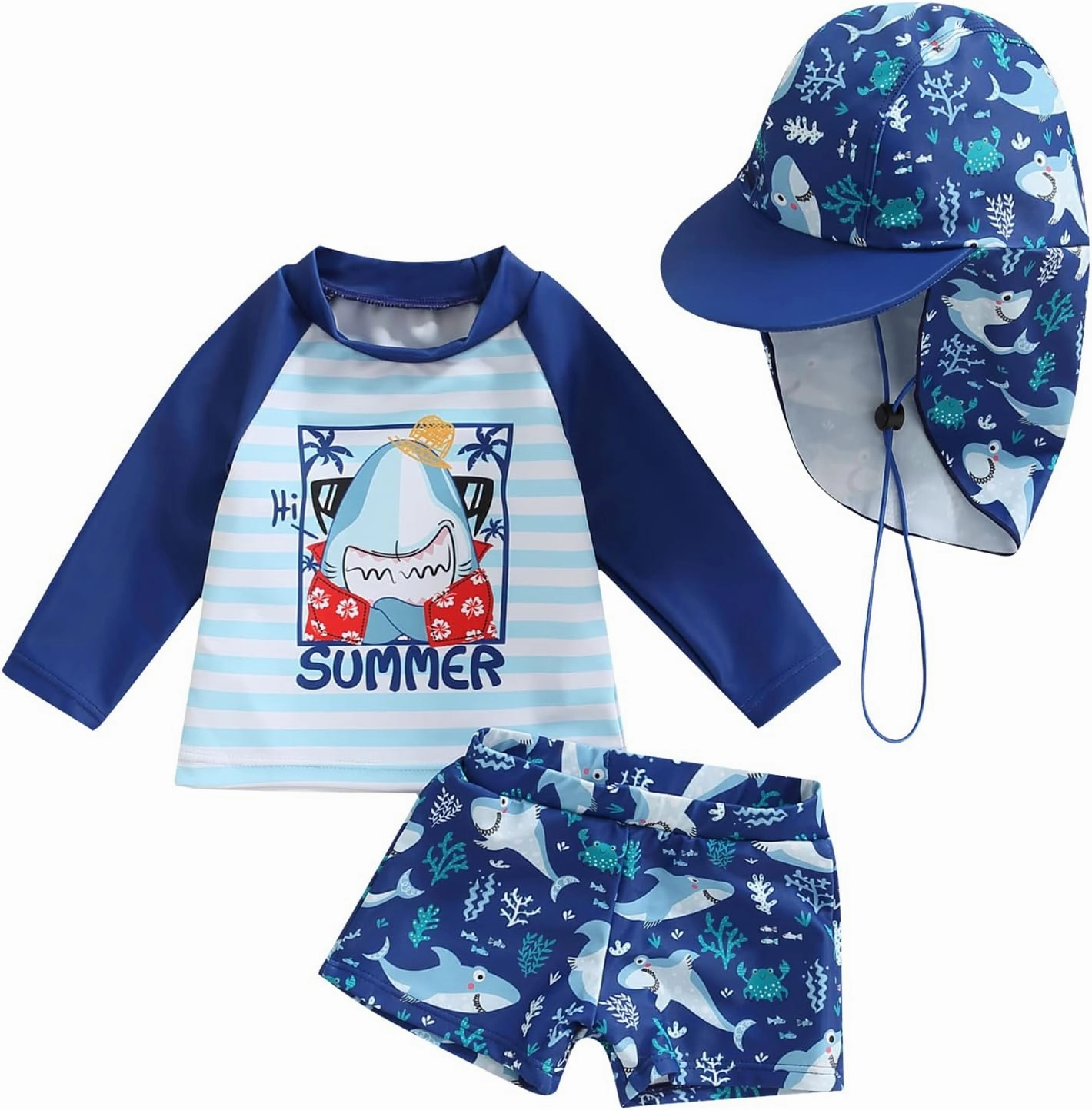 Little Kids Swimsuit Boys Girls Cute Cartoon Long Sleeve Tankini Bathing Suit Summer Beach Hawaii Swim Set