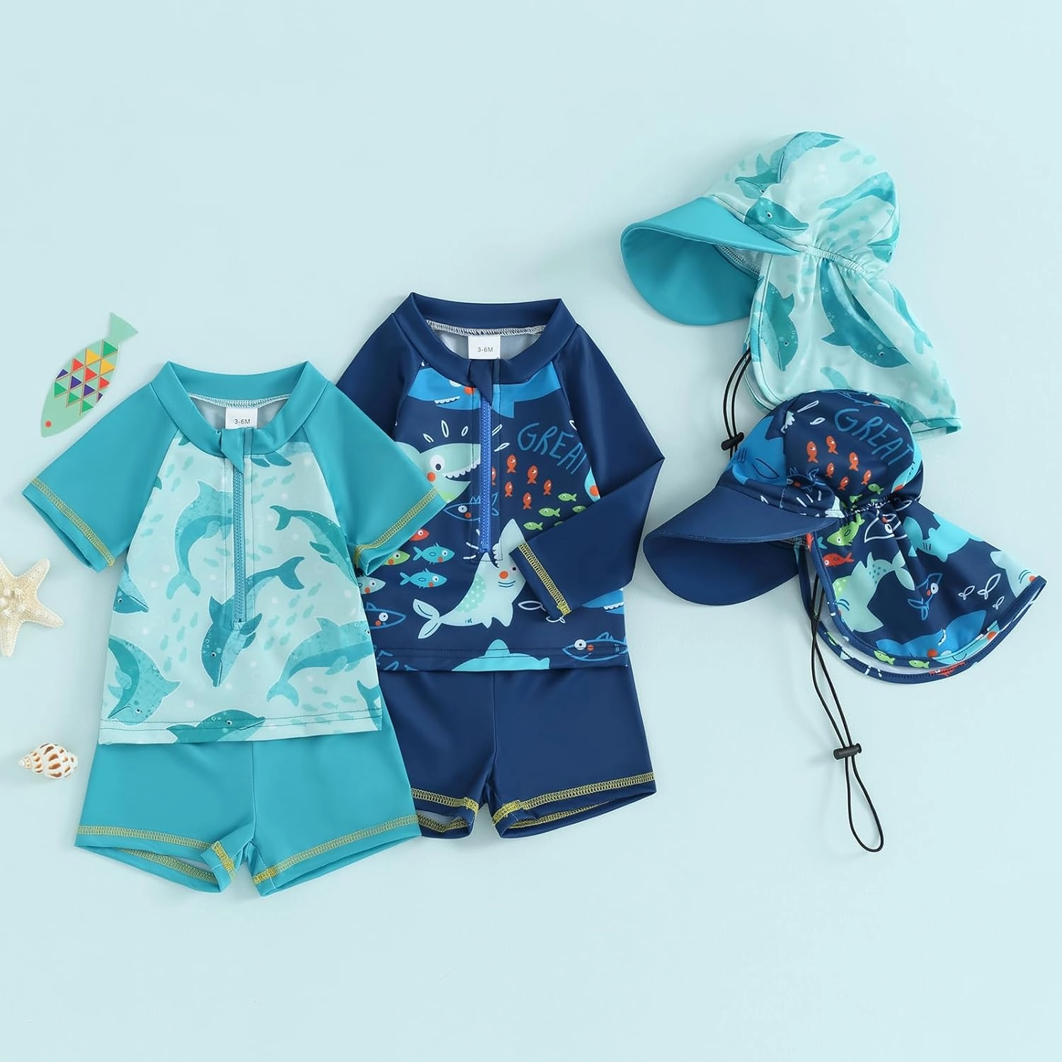 Little Kids Swimsuit Boys Girls Cute Cartoon Long Sleeve Tankini Bathing Suit Summer Beach Hawaii Swim Set