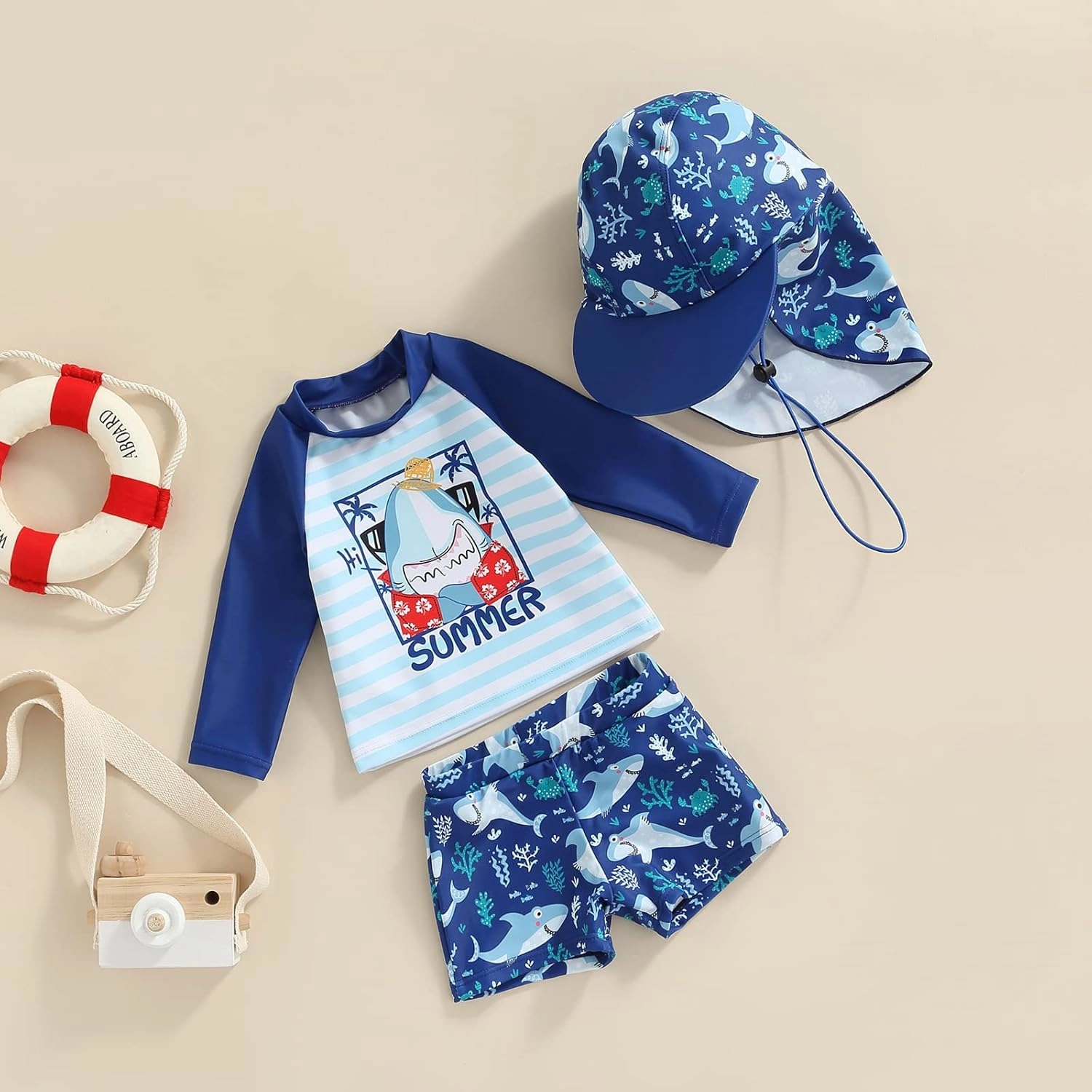 Little Kids Swimsuit Boys Girls Cute Cartoon Long Sleeve Tankini Bathing Suit Summer Beach Hawaii Swim Set