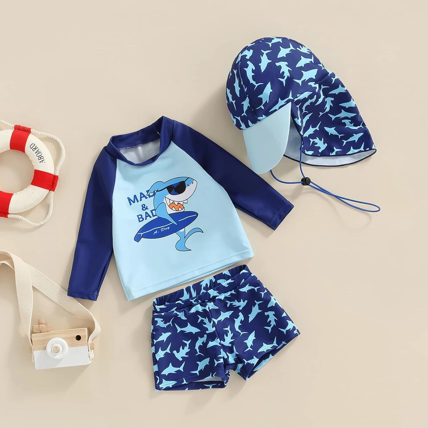 Little Kids Swimsuit Boys Girls Cute Cartoon Long Sleeve Tankini Bathing Suit Summer Beach Hawaii Swim Set