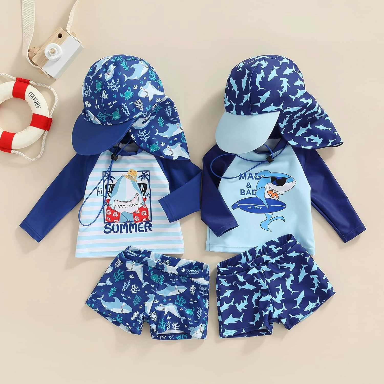 Little Kids Swimsuit Boys Girls Cute Cartoon Long Sleeve Tankini Bathing Suit Summer Beach Hawaii Swim Set