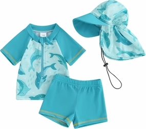 Little Kids Swimsuit Boys Girls Cute Cartoon Long Sleeve Tankini Bathing Suit Summer Beach Hawaii Swim Set