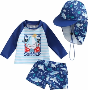 Little Kids Swimsuit Boys Girls Cute Cartoon Long Sleeve Tankini Bathing Suit Summer Beach Hawaii Swim Set