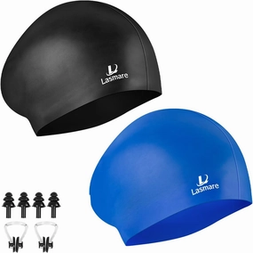 Long Hair Swim Cap for Women 2 Pack, Silicone Swimming Caps for Unisex Adult Women Men with Ear Plugs & Nose Clip Set, Waterproof Adult Swim Hats Bathing Caps to Keep Hair Dry