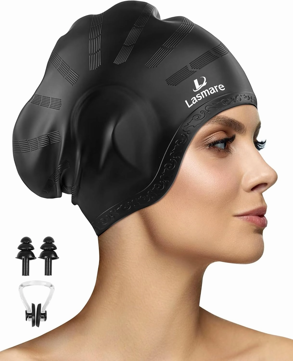 Long Hair Swim Cap for Women Men with 3D Ear Protection, Silicone Swimming Cap for Long/Short Hair to Keep Hair Dry, Waterproof Adult Swim Hats Bathing Caps with Ear Plugs & Nose Clip