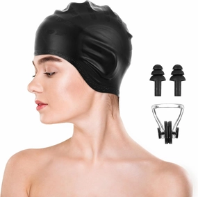 Long Hair Swimming Cap, Silicone Large Swim Cap with Ear Plugs & Nose Clip Waterproof Swim Hats Bathing Caps with 3D Ear Protection for Long/Short Hair to Keep Hair Dry