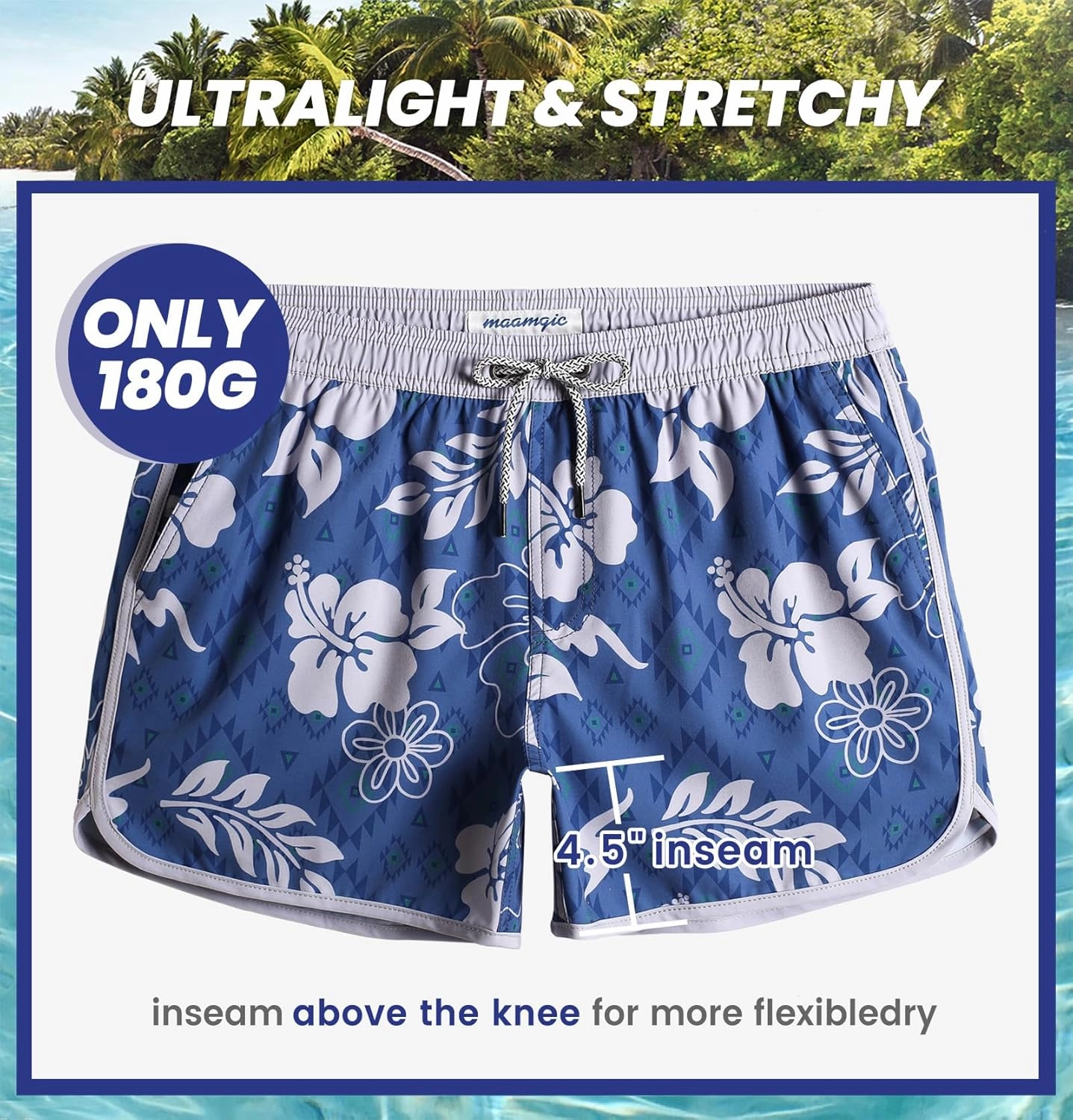 maamgic Mens Swim Trunks Retro Swim Shorts 4 Way Stretch with Mesh Vintage 80s 90s Quick Dry Swimsuits Board Shorts