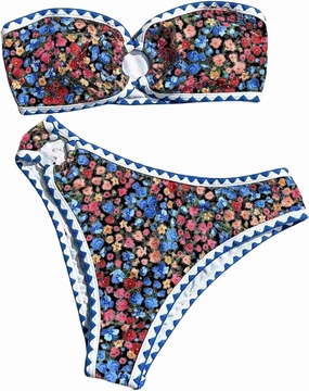 MakeMeChic Women's 2 Piece Bandeau Swimsuit Boho Ring Strapless High Cut Bikini Sets Bathing Suit