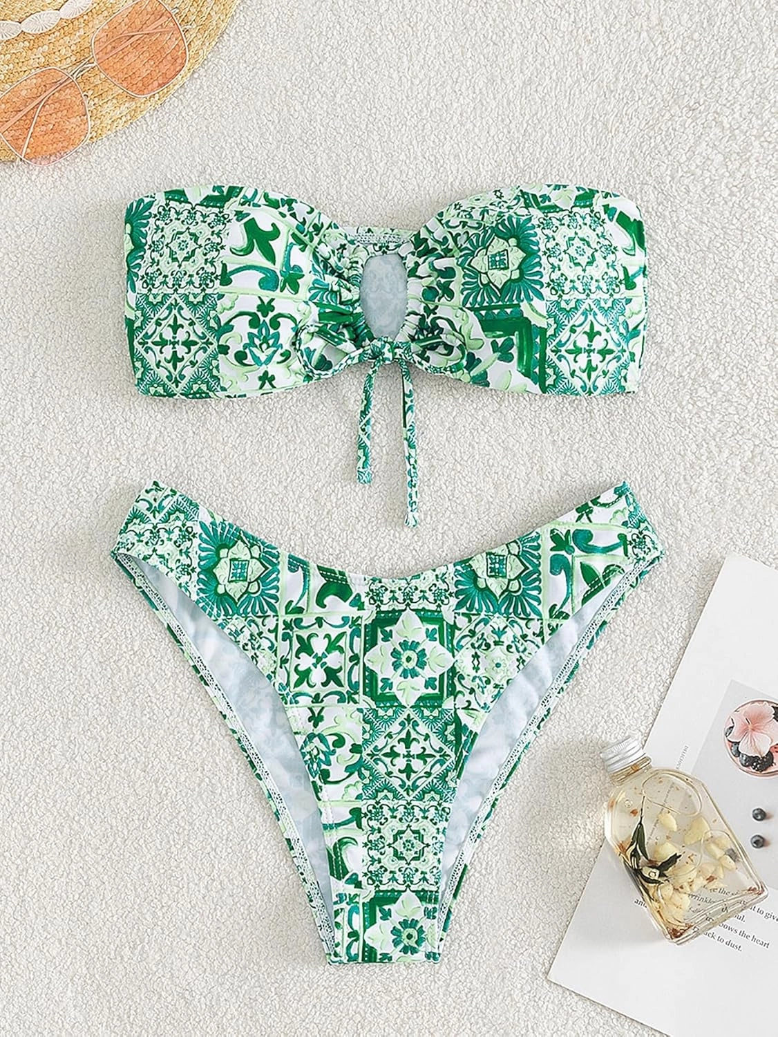 MakeMeChic Women's 2 Piece Bandeau Swimsuit Boho Ring Strapless High Cut Bikini Sets Bathing Suit
