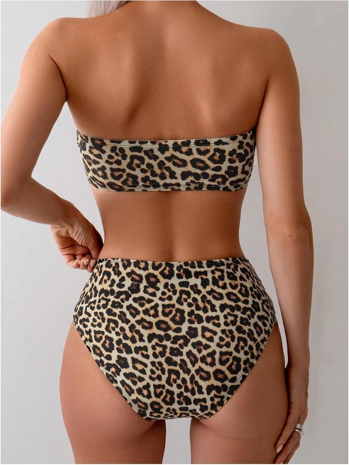 MakeMeChic Women's 2 Piece Bikini Sets Leopard Print Bandeau Wireless Bathing Suit High Waist Strapless Swimsuit
