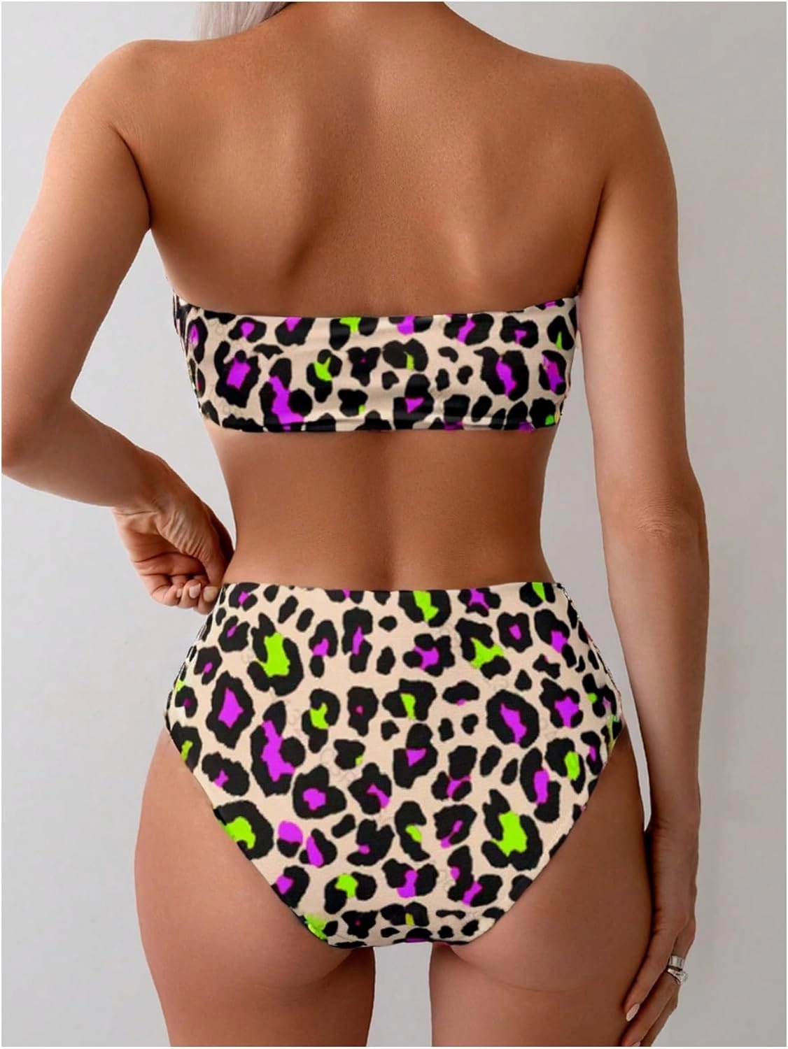 MakeMeChic Women's 2 Piece Bikini Sets Leopard Print Bandeau Wireless Bathing Suit High Waist Strapless Swimsuit