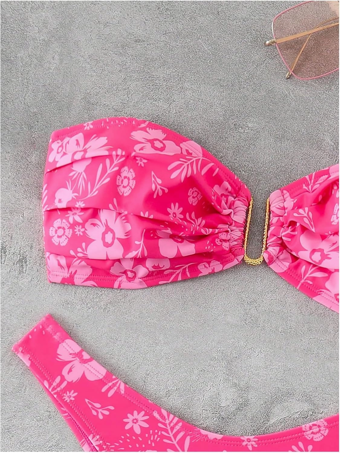 MakeMeChic Women's Floral Bikini Sets Strapless Bandeau Ring Metal Ruched Bathing Suit 2 Piece Swimsuits
