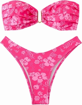 MakeMeChic Women's Floral Bikini Sets Strapless Bandeau Ring Metal Ruched Bathing Suit 2 Piece Swimsuits