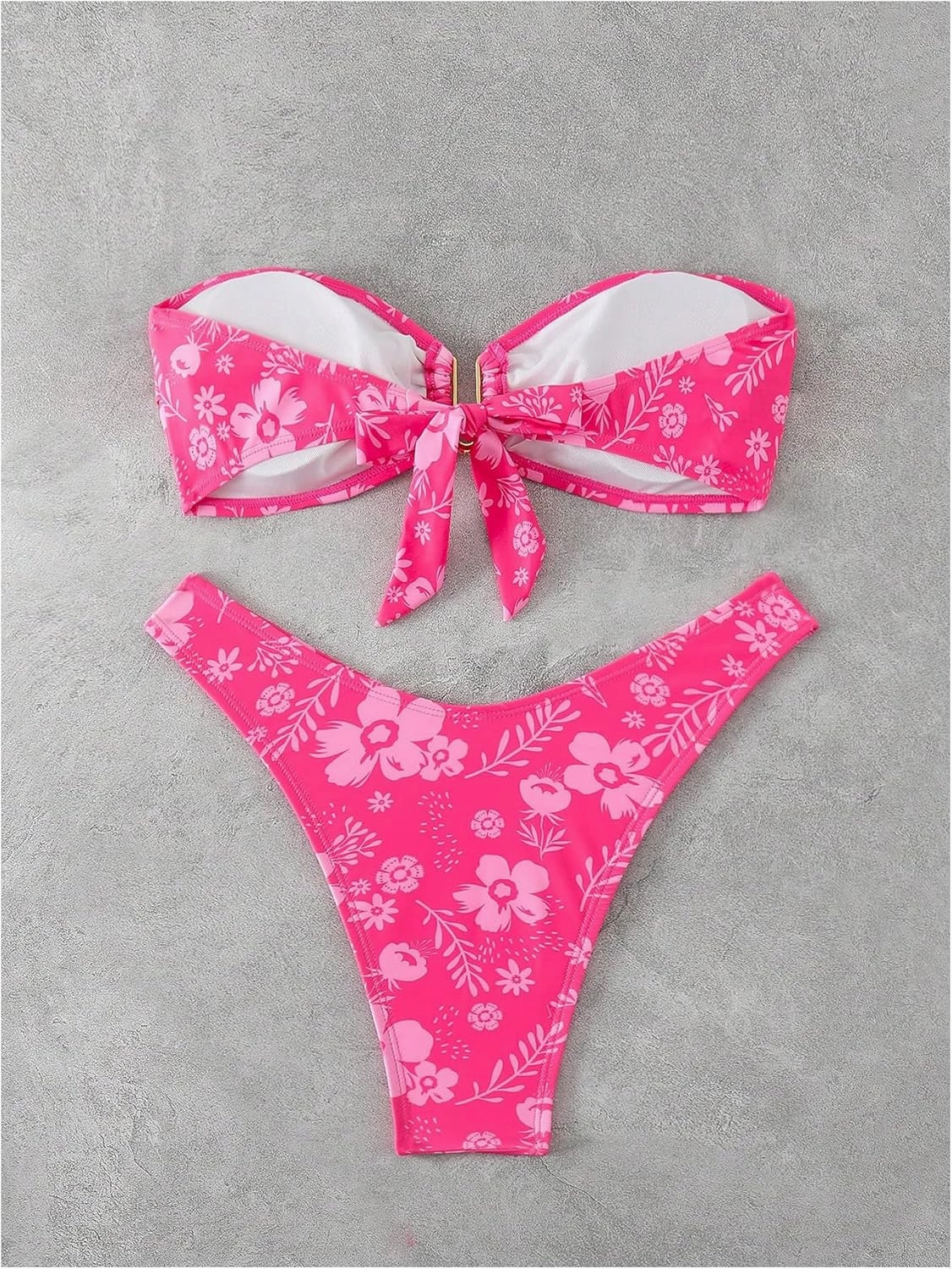 MakeMeChic Women's Floral Bikini Sets Strapless Bandeau Ring Metal Ruched Bathing Suit 2 Piece Swimsuits