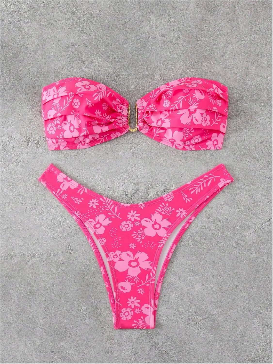 MakeMeChic Women's Floral Bikini Sets Strapless Bandeau Ring Metal Ruched Bathing Suit 2 Piece Swimsuits