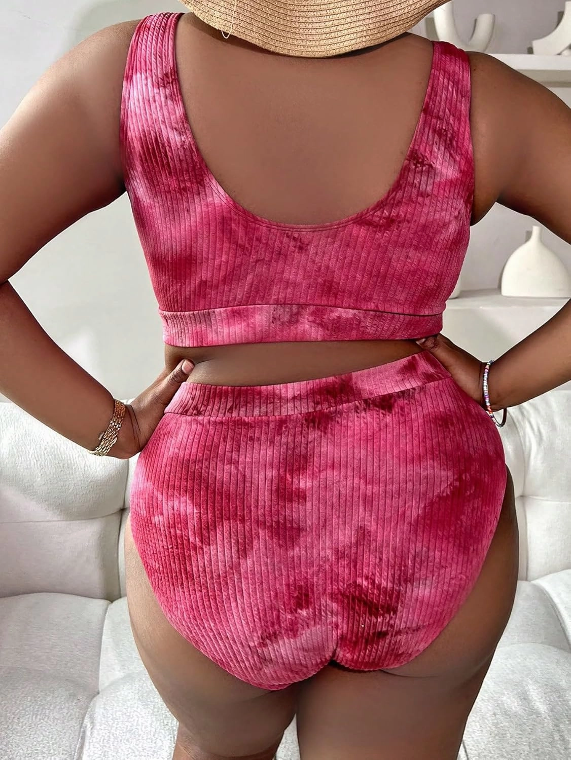 MakeMeChic Women's Plus Size 2 Piece Bathing Suits Tie Dye High Waisted Ribbed Bikini Swimsuits