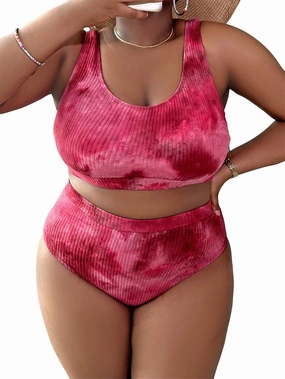MakeMeChic Women's Plus Size 2 Piece Bathing Suits Tie Dye High Waisted Ribbed Bikini Swimsuits