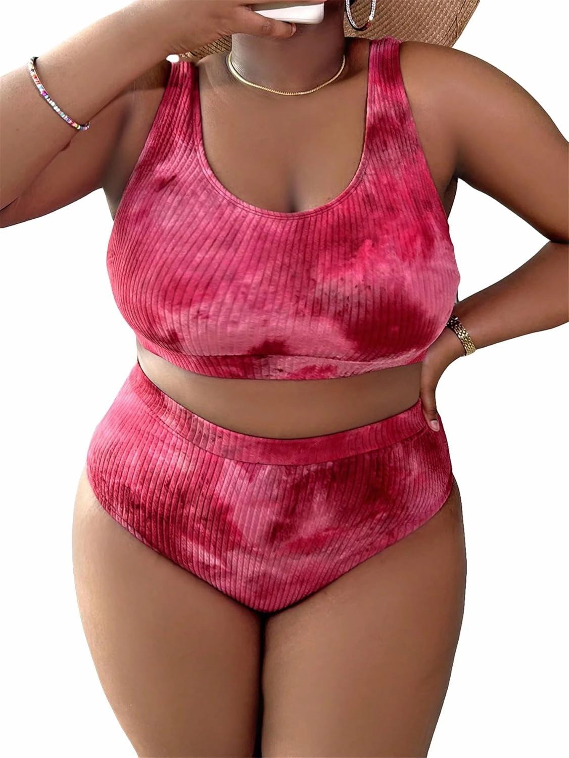 MakeMeChic Women's Plus Size 2 Piece Bathing Suits Tie Dye High Waisted Ribbed Bikini Swimsuits