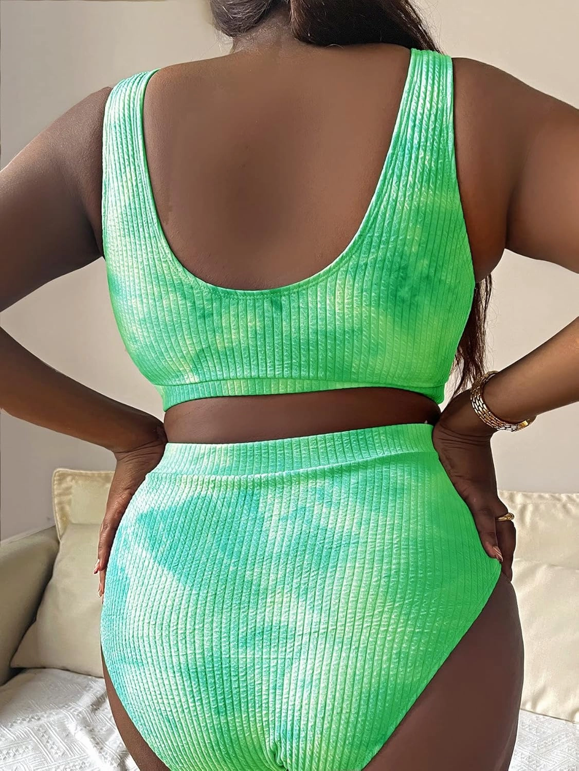 MakeMeChic Women's Plus Size 2 Piece Bathing Suits Tie Dye High Waisted Ribbed Bikini Swimsuits