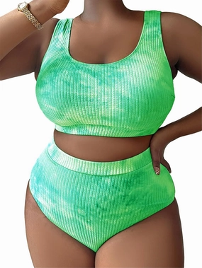 MakeMeChic Women's Plus Size 2 Piece Bathing Suits Tie Dye High Waisted Ribbed Bikini Swimsuits