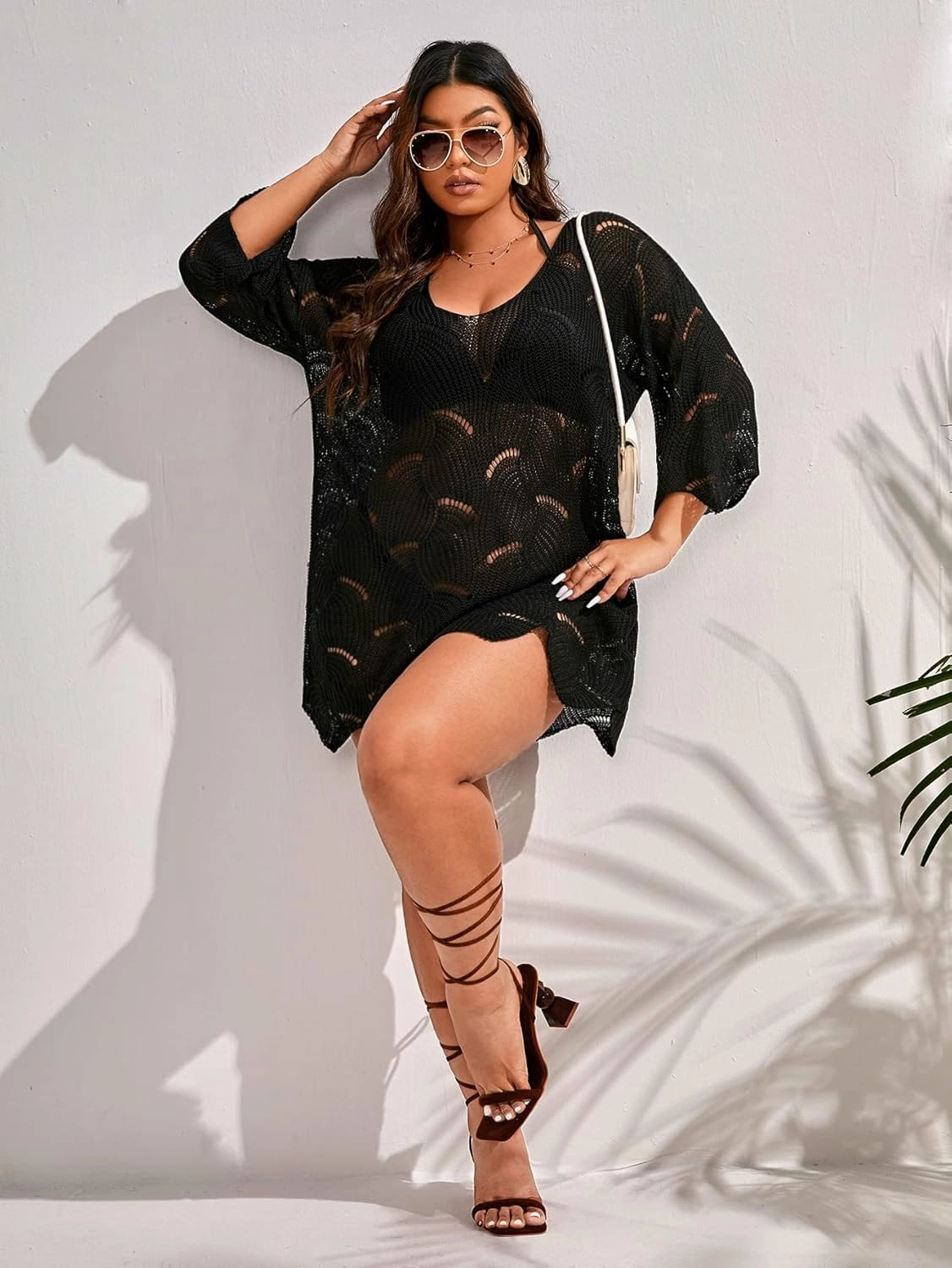 MakeMeChic Women's Plus Size Swimsuit Crochet Cover Up Bathing Suit Beach Dress