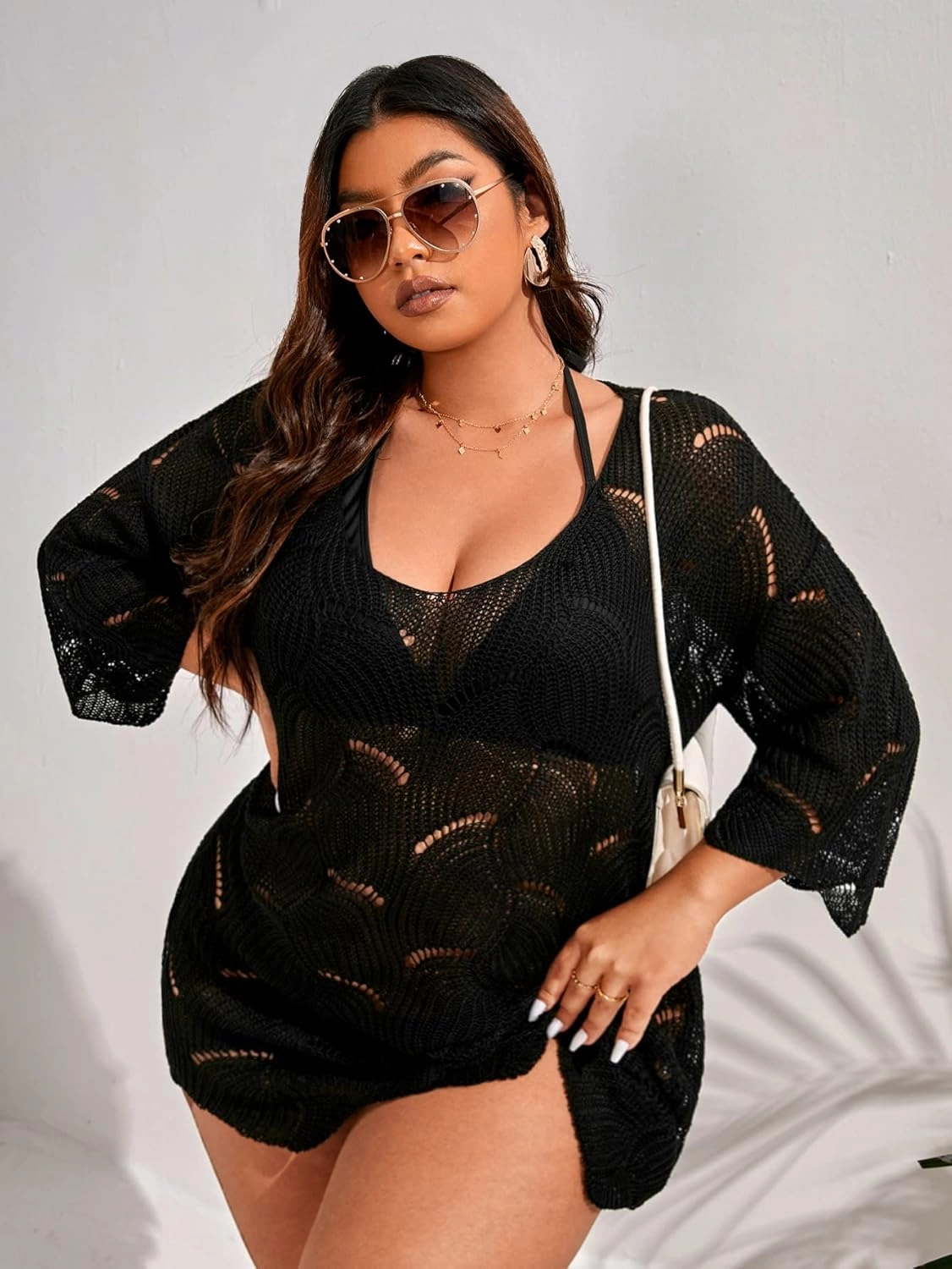 MakeMeChic Women's Plus Size Swimsuit Crochet Cover Up Bathing Suit Beach Dress