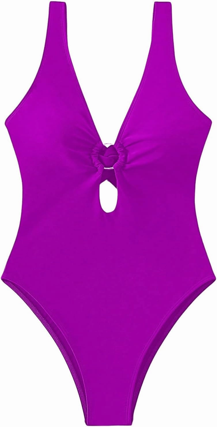 MakeMeChic Women's Twist Back Cut Out Ring Plunge Neck One Piece Swimsuit Bathing Suit