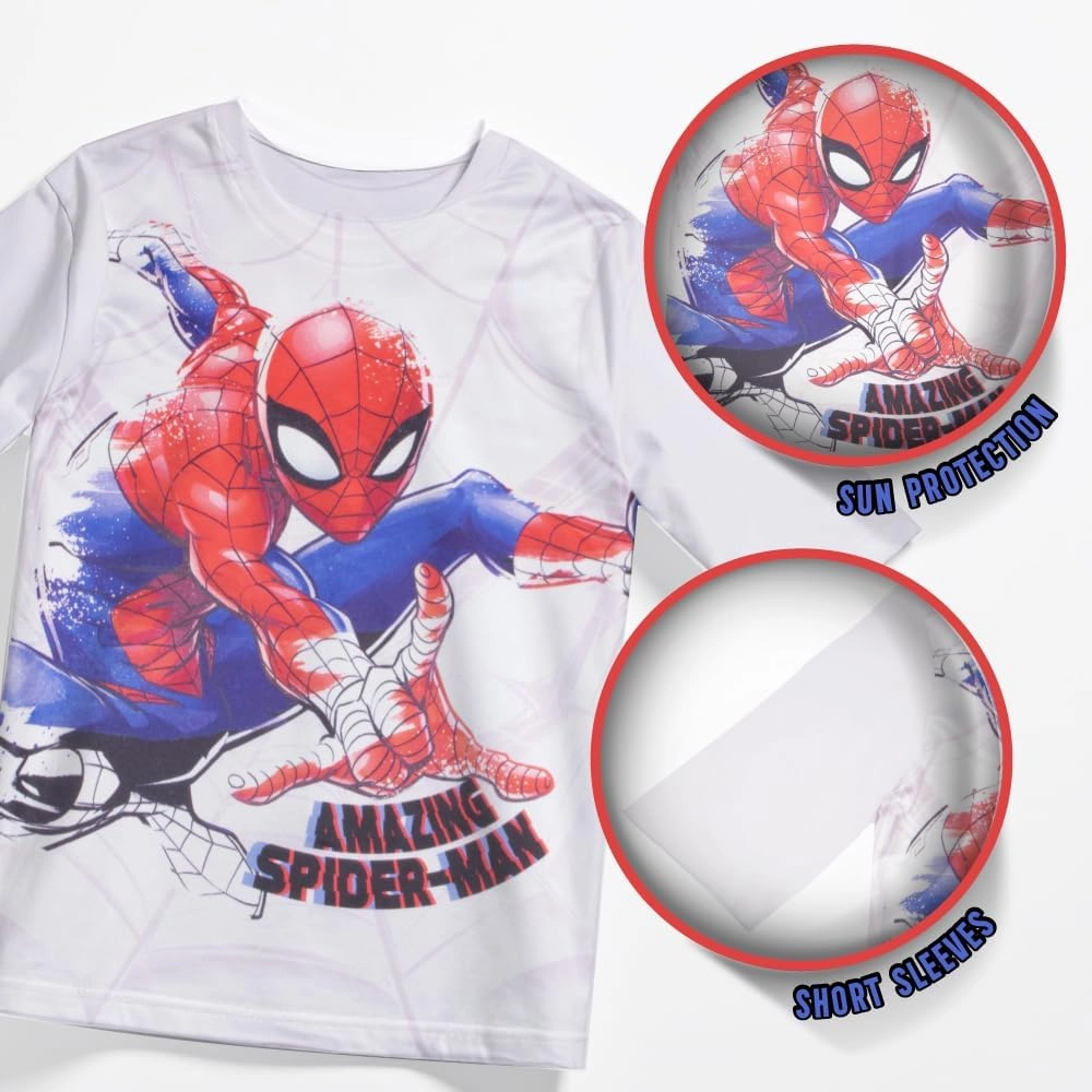 Marvel Boys Avengers, Spiderman, Black Panther, Captain America, Miles Morales 2-Piece Swimsuit Set, Rash Guard & Swim Trunks