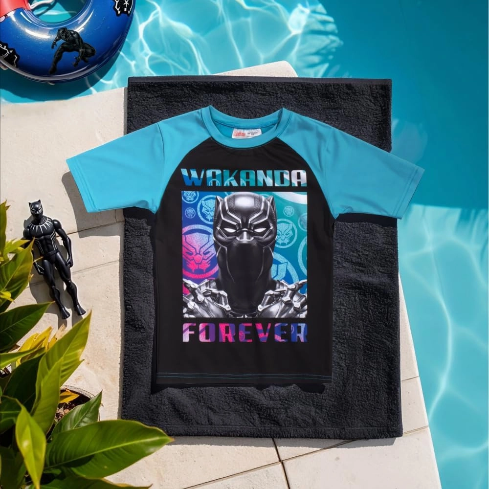 Marvel Boys Avengers, Spiderman, Black Panther, Captain America, Miles Morales 2-Piece Swimsuit Set, Rash Guard & Swim Trunks