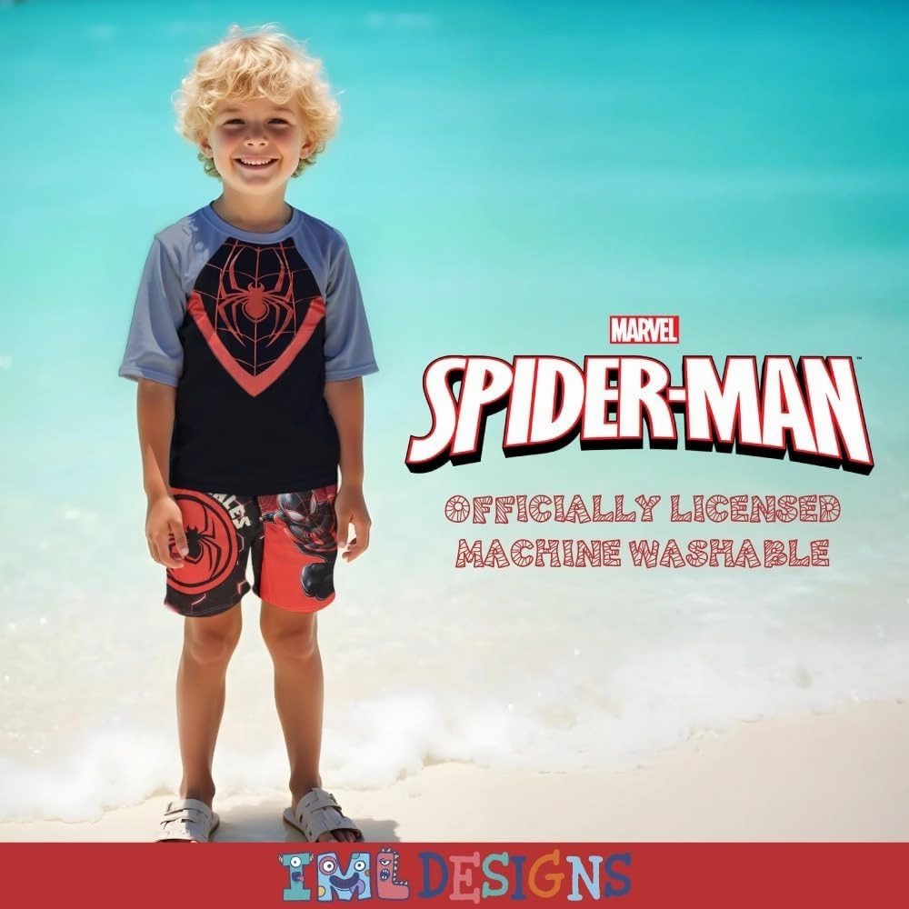 Marvel Boys Avengers, Spiderman, Black Panther, Captain America, Miles Morales 2-Piece Swimsuit Set, Rash Guard & Swim Trunks