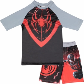 Marvel Boys Avengers, Spiderman, Black Panther, Captain America, Miles Morales 2-Piece Swimsuit Set, Rash Guard & Swim Trunks