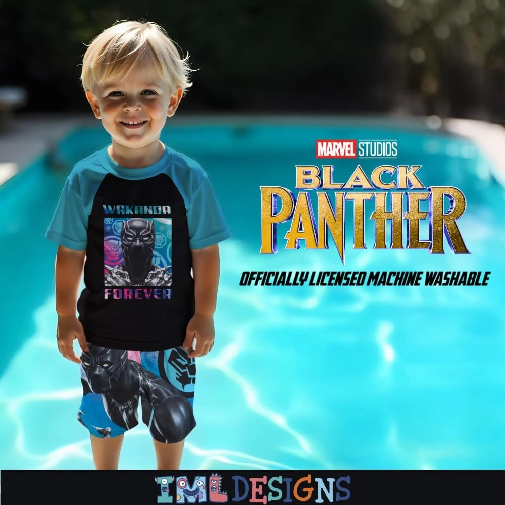Marvel Boys Avengers, Spiderman, Black Panther, Captain America, Miles Morales 2-Piece Swimsuit Set, Rash Guard & Swim Trunks