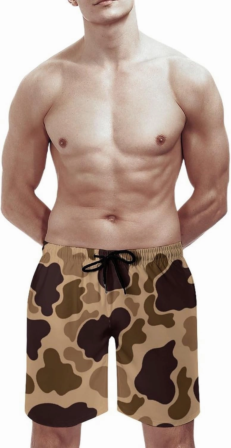 Men's Short Swim Trunks Vintage Brown Camouflage Quick Dry Bathing Suit Beach Swimsuits