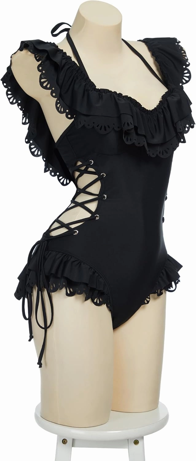 MEOWCOS Women One Piece Swimsuits Retro Victorian Style Swimsuit Gothic Halter Bathing Suit