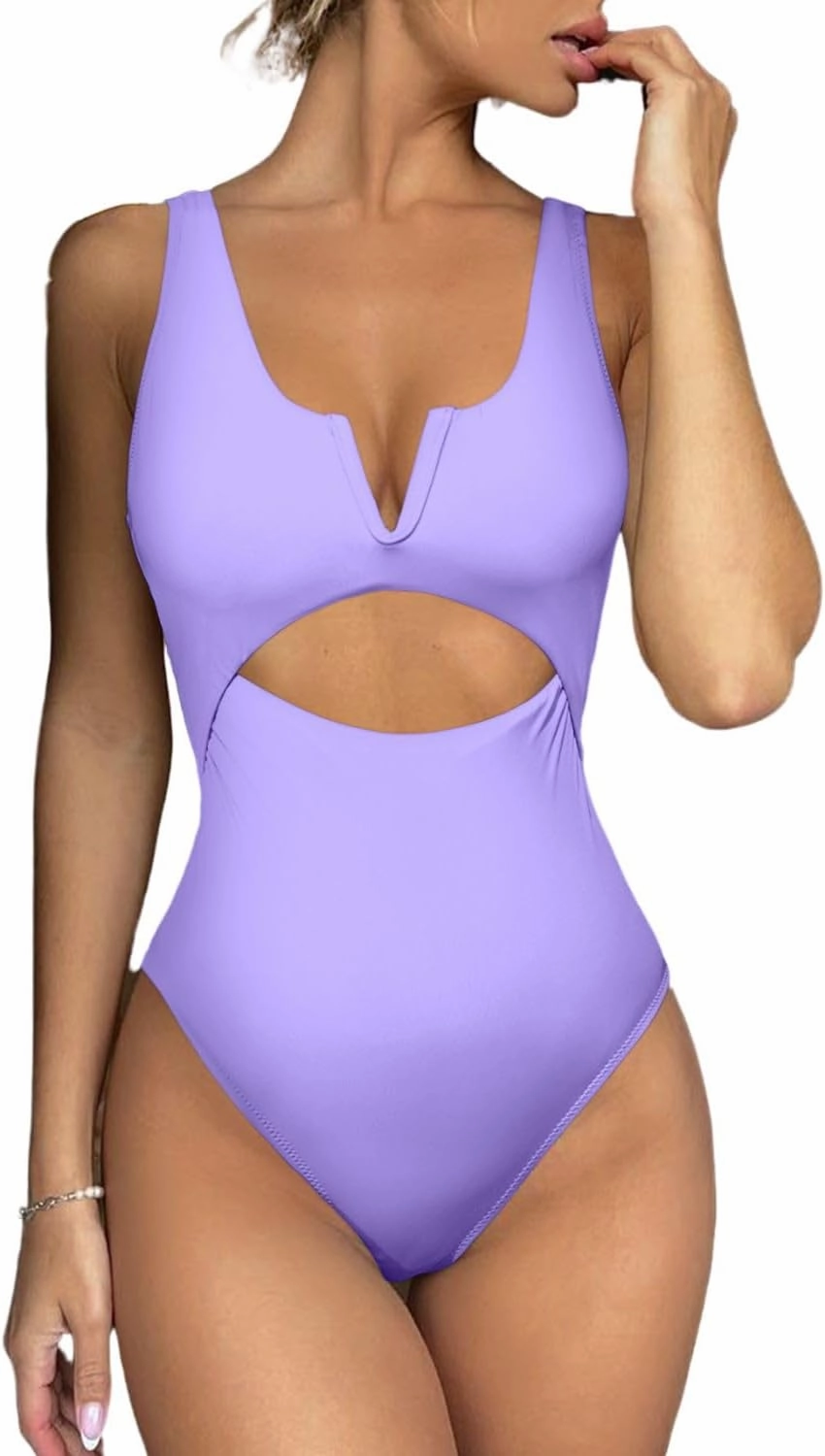 Meyeeka Womens One Piece Swimsuits Tummy Control Bathing Suit for Women Push Up Swimwear V Neck High Cut Monokini