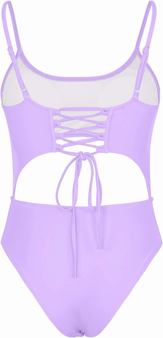 Meyeeka Womens Scoop Neck Cut Out Front Lace Up Back High Cut Monokini One Piece Swimsuit