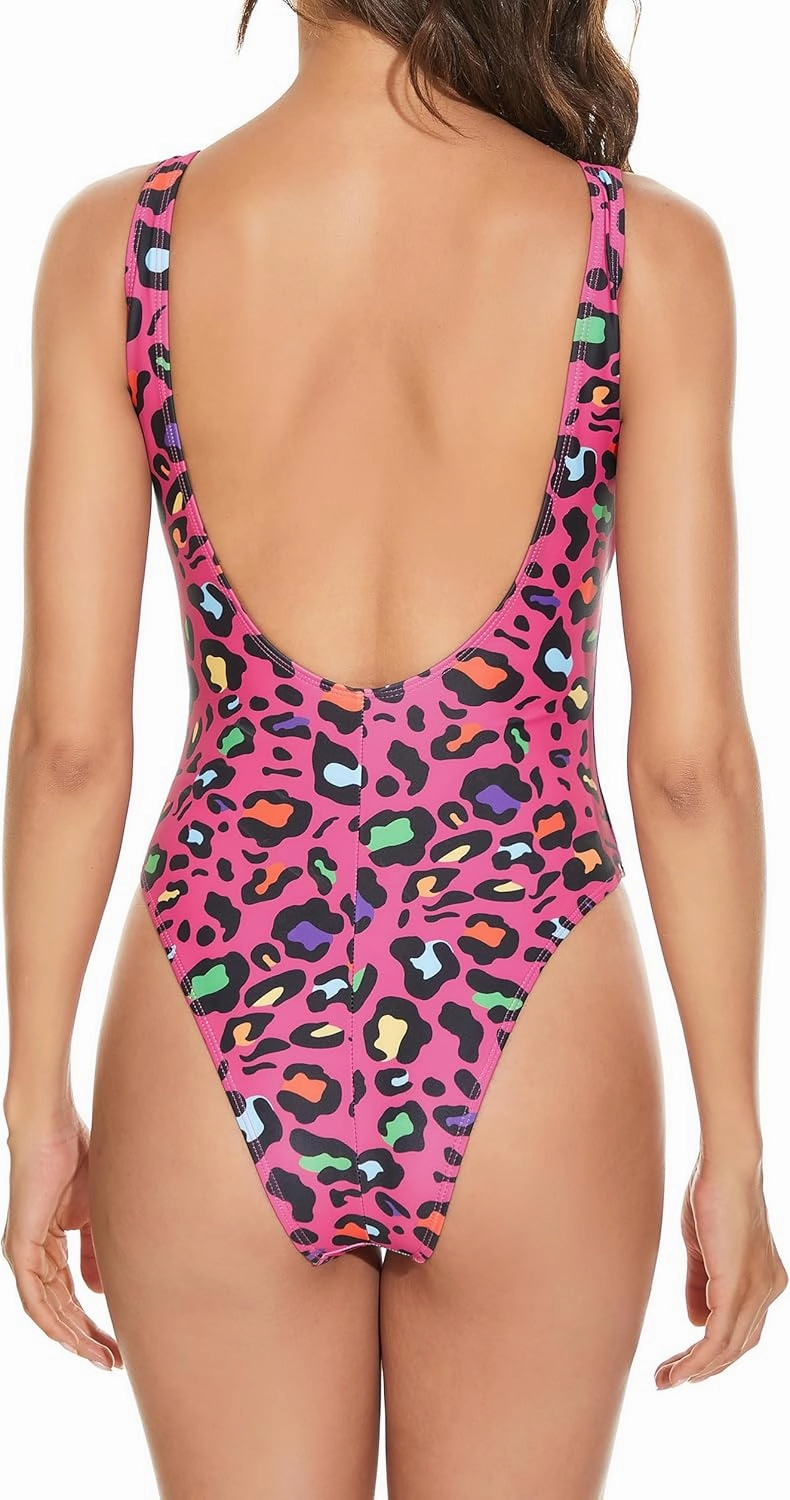 MIAIULIA Women's Retro 80s/90s Inspired High Cut Low Back Padding One Piece Swimwear Bathing Suits