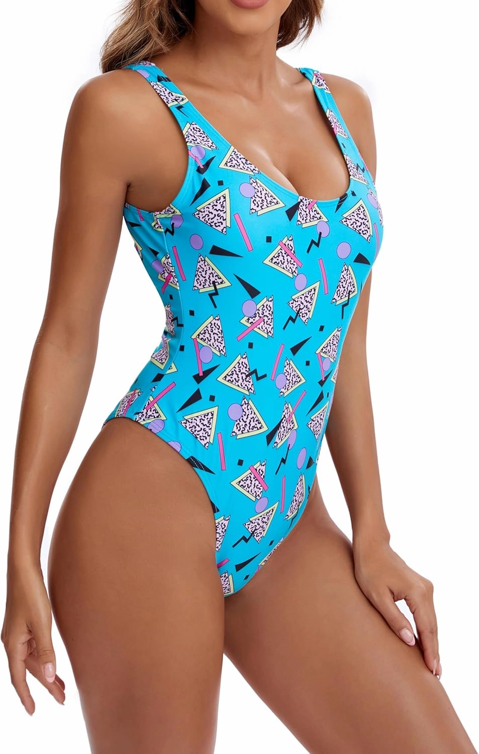 MIAIULIA Women's Retro 80s/90s Inspired High Cut Low Back Padding One Piece Swimwear Bathing Suits