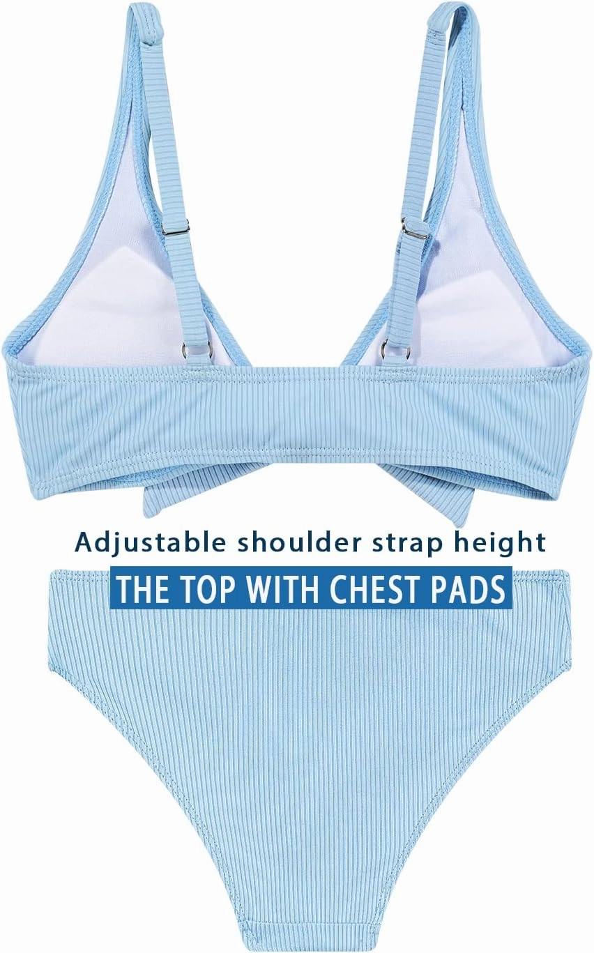 MIENOE Teen Girls' Swimsuits Two-Piece V-Neck Bikini Adjustable Shoulder Straps Swimsuit Kids Bikini with Chest Pad